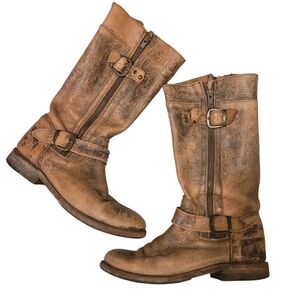 BED STU Gogo Lug Teak Driftwood Leather Moto Boots 7 Western Bohemian Distressed